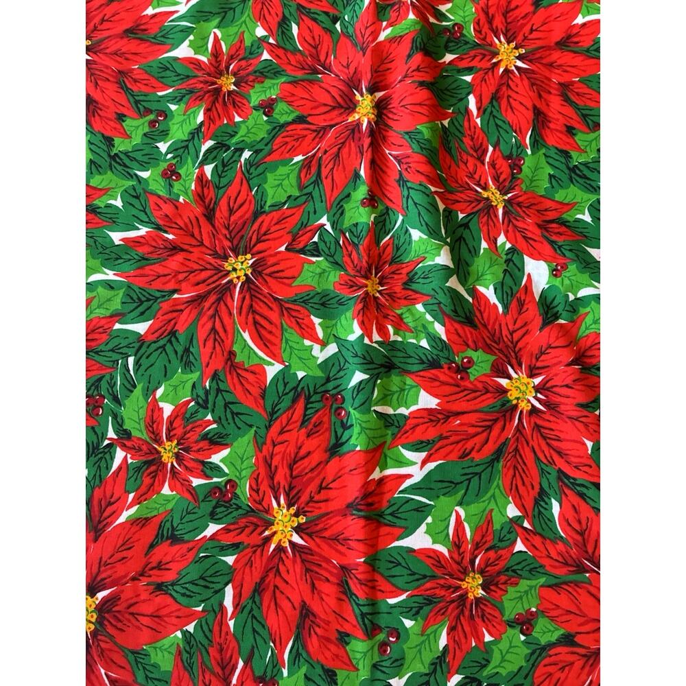 VTG Christmas Holiday Fabric 3 yds Red Poinsettia Berries Holly Green Yellow